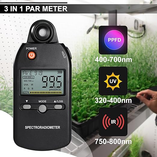 PAR Meter 320-800 nm PPFD Meter Measures PPFD, UVA, and IR Light Intensity, PAR Meter for LED Grow Lights, Quantum PAR Meter Features Data Storage, Hold/MAX/MIN/AVG, Wavelength Switching Modes