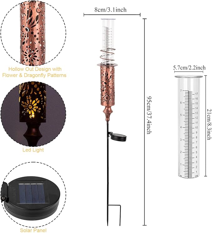 Rain Gauge Outdoor, Solar Rain Gauges for Yard, Freeze Proof Rain Gauge with 7" Plastic Tube, Copper Metal Decorative Garden Stake with Led Light, Brown