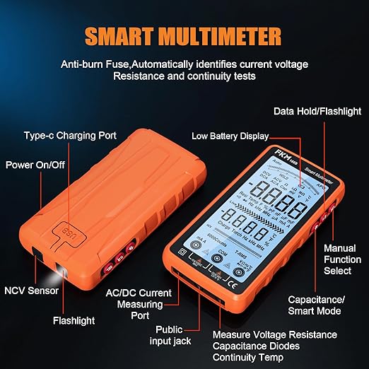 FKM Digital Multimeter Tester Auto-Ranging TRMS 6000 Counts Smart Rechargeable Voltmeter Electrical Tester Measures AC/DC Current,Voltage,Capacitance,Resistance,NCV,Amp,Ohm,Diodes,Countinuity,Temp