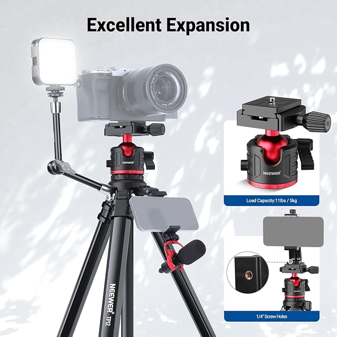 NEEWER Basics 66.5"/169 cm Travel Tripod for Camera, Lightweight Portable DSLR Stand with Ball Head, Arca Type QR Plate, Cell Phone Holder Compatible with iPhone Video Recording, Max Load 11 lb, TP12