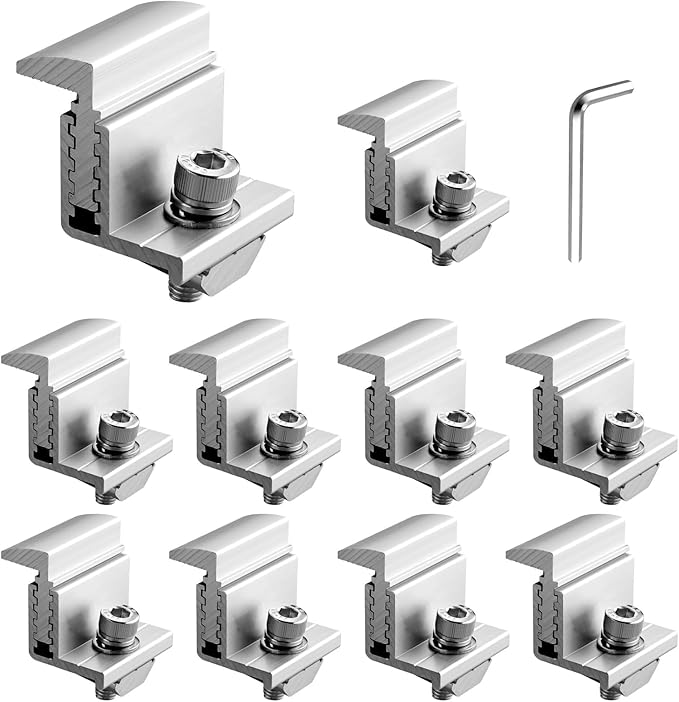 Anbte Solar Panel Mounting Brackets 30-50mm Adjustable, 10pcs Aluminum Solar Panel End Clamp Include 10*Screw M8 and 1*Wrench, Solar Mount Kit for Metal Roof, Tin Roof, Flat Roof, Sheet Roof, Silver
