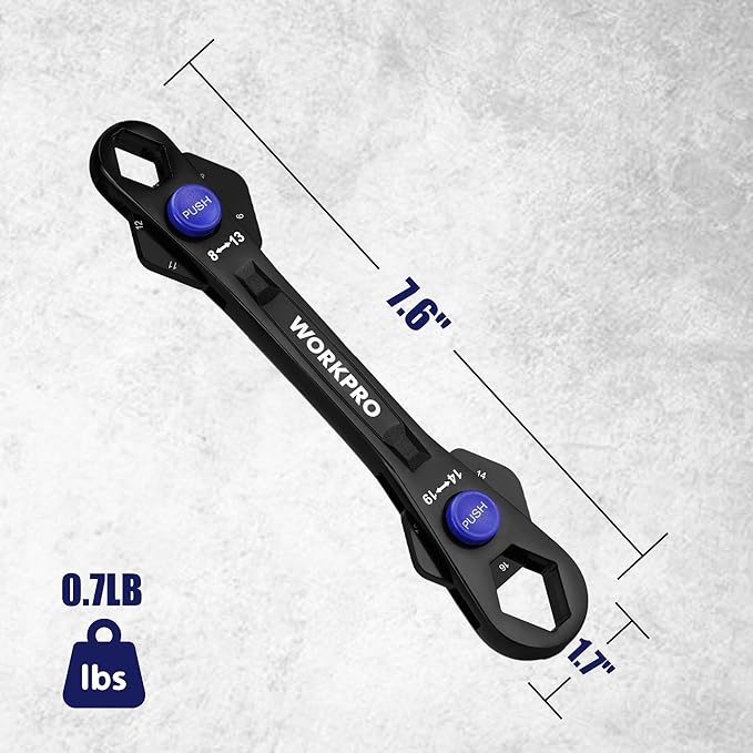 WORKPRO 12-in-1 Universal Wrench, Metric 8-19mm Adjustable Wrench with Heat-Treated Cr-Mo Steel, ASME Standard, Multi-Position Head, Multi-Size Compact Spanner for Mechanics, Cars, and Motorcycles