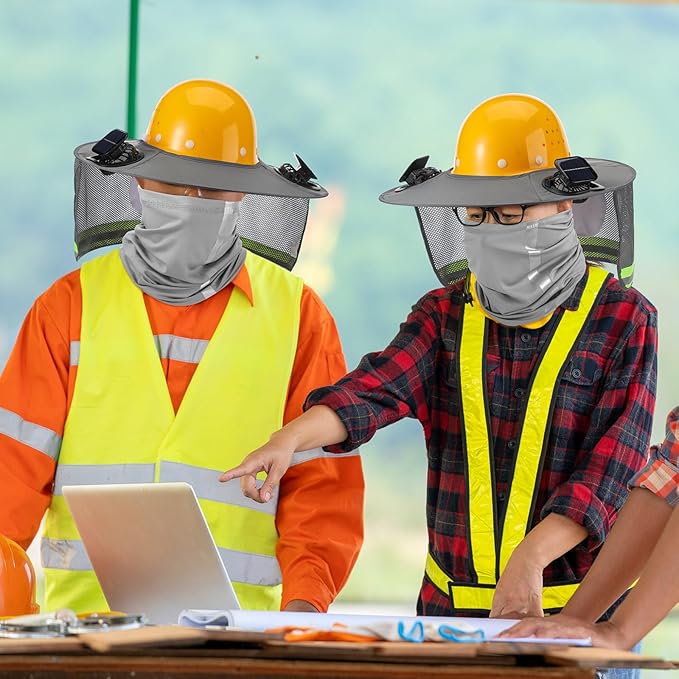 1 Set Sun Hard Hat Shade Full Brim Hard Hat Sun Visor with Solar Fans and Neck Sunshade Cover High Visibility Full Brim Mesh with Reflective Strip, Summer Protection Accessories(Gray)