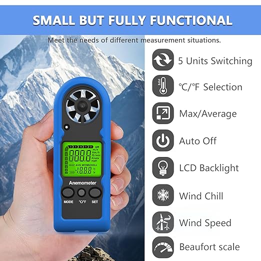 HoldPeak Handheld Anemometer Mini, 65MPH Small Wind Speed Meter Gauge Air Flow Velocity Temperature Measuring Device for Outdoor Sailing Surfing Drone Flying Golf Shooting HVAC 816BH