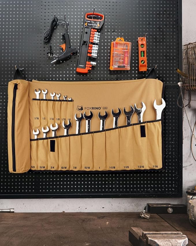 Wrench Roll, Wrench Roll Up Pouch, 17-Pocket Heavy Duty Canvas Wrench Organizer Bag for Metric Combination Wrenches, Portable Tool Roll Bag, Gifts for Men for Christmas (Brown, 17+1 SAE)