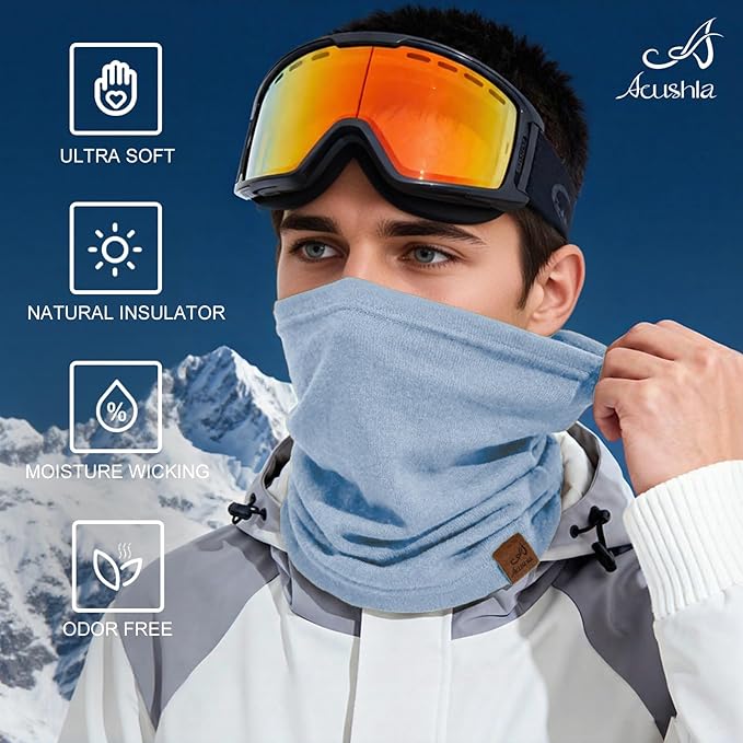 ACUSHLA 100% Merino Wool Neck Gaiter for Men & Women Ski Face Mask Winter Scarf Neck Warmer All Weather, Midweight Maple Leaf