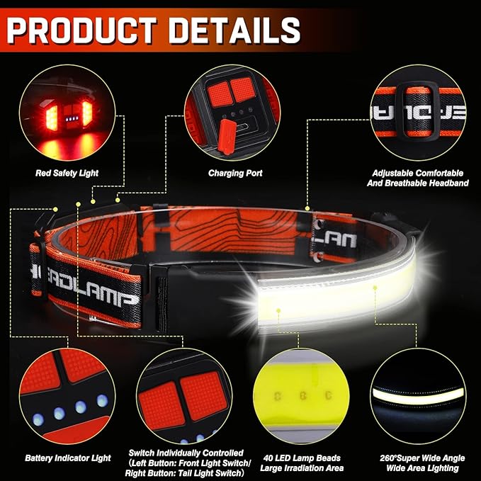 Rechargeable Headlamp,Super Bright 1500 Lumens 6 Modes Head Lamp Led Rechargeable with Tail Red Light,Wide Beam Led Headlamp Waterproof for Adults Outdoor Camping Hiking Hunting Accessories