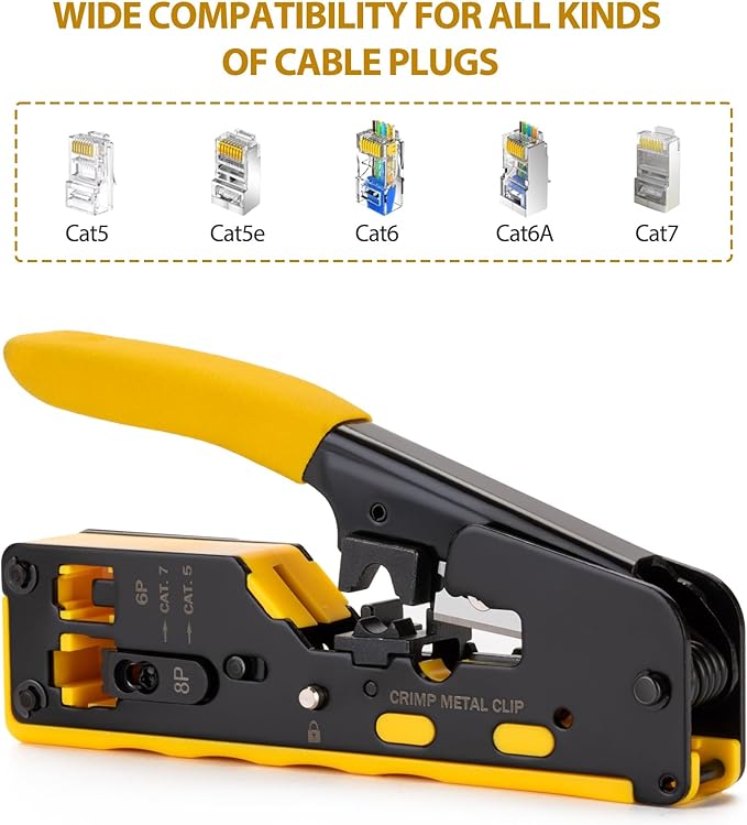 RJ45 Crimp Tool Pass Through Kit - Professional Complete Ethernet Crimping tool kit with Tester 30 Cat6 Connectors & Covers for Cat5/Cat5e/Cat6/Cat7/Cat8