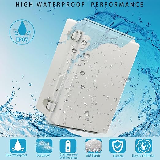Waterproof Electrical Box with Mounting Plate, IP67 Junction Box Stainless Steel Latch Hinged Grey Cover Project Enclosure with Wall Bracket and 2 Glands 10.2" x 6.3" x 3.9"