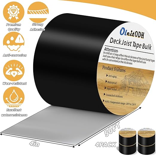 4 Rolls Butyl Joist Tape for decking, 4 Inch x 50 Feet Weatherproof Butyl Sealant Deck Tape Joist-Beam Deck Joist Tape Bulk for Wood Joists Decks Beams Roof