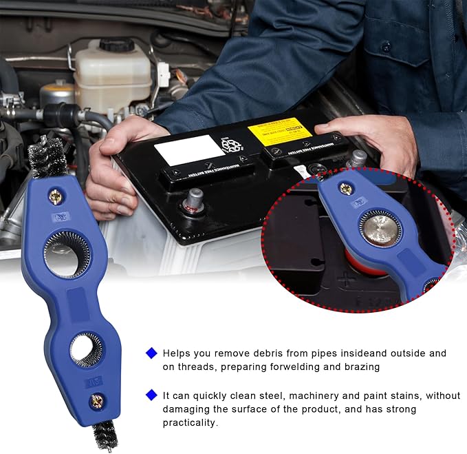 Battery Terminal Cleaning Brush, 4 in 1 Anti-Corrosion Car Battery Cleaner, Vehicle Battery Terminals Machine Parts Cleaning Tool for Auto Marine, Universal Car Accessories (Blue-1PCS)