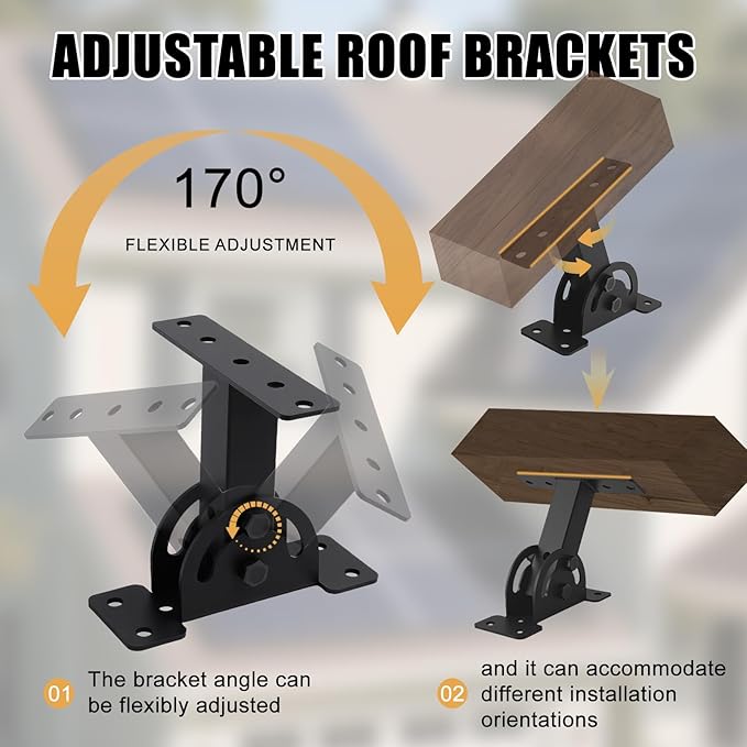 Heavy Duty Roof Riser Brackets Kit, 3 Pcs, Adjustable Angle Pergola Brackets, Black Powder-Coated, Carbon Steel, Wall Mount