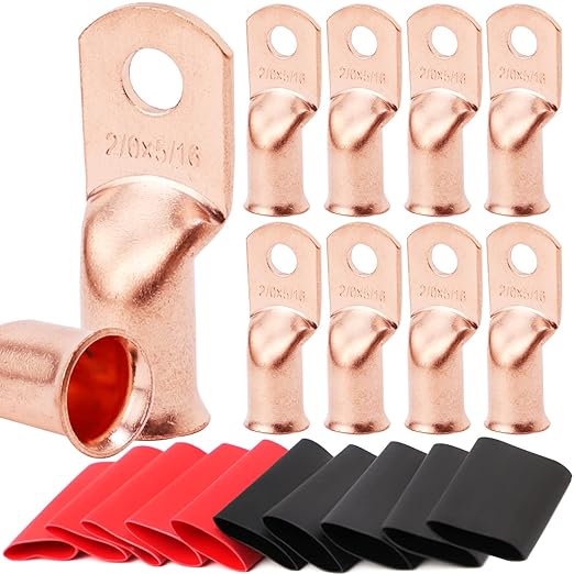 TKDMR 10pcs 2/0 AWG-5/16 Battery Lugs,Heavy Duty Wire Lugs,Ring Terminals,Battery Cable Ends,0 Guage terminals,Battery Terminal Connectors with 10pcs 3:1 Heat Shrink Tubing