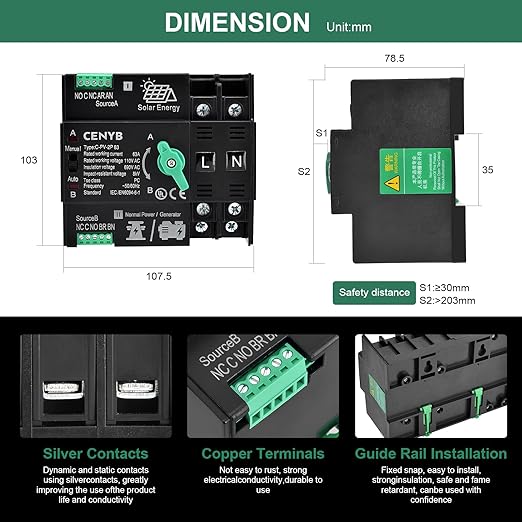 PV - Dedicated Automatic/Manual Transfer Switch Mini ATS Solar Auto Dual Power Switch 2P 63A AC110V Uninterrupted Power Supply DIN Rail Mount Toggle Changeover Module