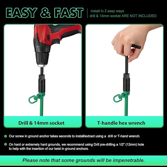 Hiboom 4 Pcs Ground Anchors with T Handle Hex Wrench Trampoline Hook, Ground Anchor Screw in Kit, Inflatable Outdoor Decorations Accessories for Camping Tents Car Ports Canopies (Green,12 Inch)