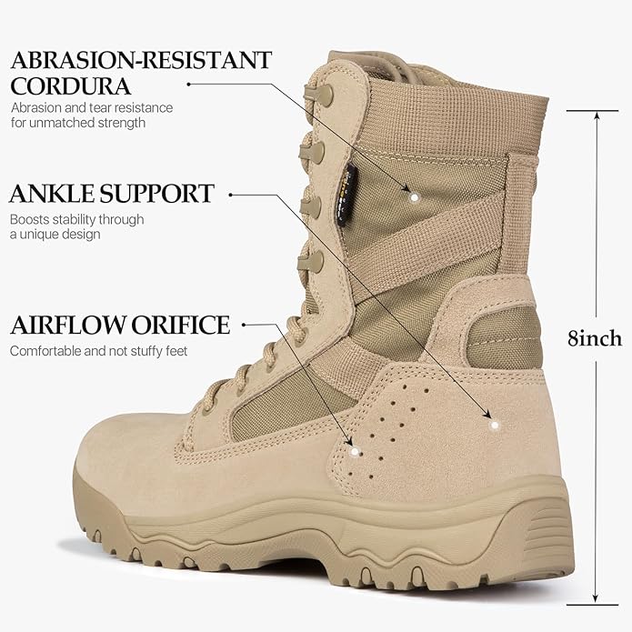 FREE SOLDIER Men's Work Tactical Boots 8 Inches Lightweight Combat Boots Durable Suede Leather Military Boot Desert Boot