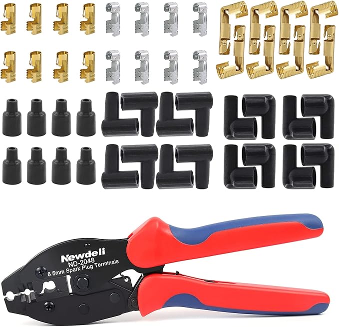 Ratchet Spark Plug Wire Crimper Set, Newdeli 25Pcs Spark Plug Crimping Tool and 180 Degree/90 Degree/Straight Spark Plug Coil Terminals Boots Set for Crimping and Stripping Spark Plug Ignition Wire
