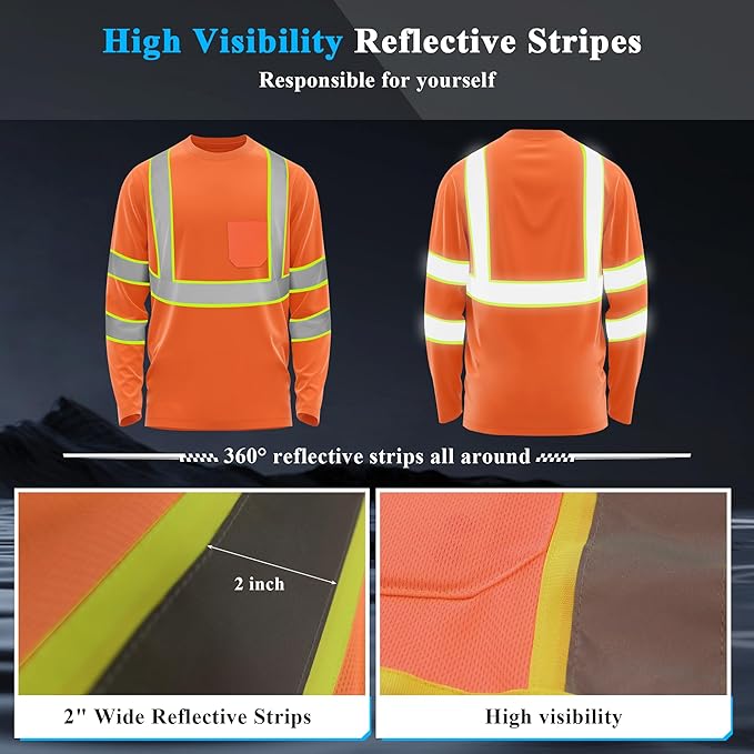 W&H Hi Vis Safety Long Sleeve Shirts Reflective High Visibility Birdeyes Class 3 Shirts,Construction Work