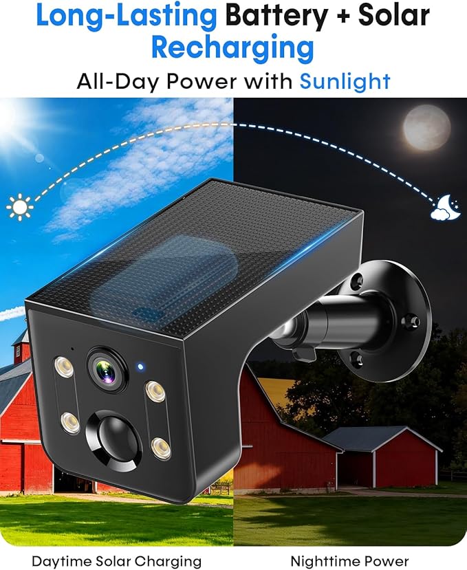 Solar Outdoor Wireless Camera 4 PCS - 2K HD, AI Motion Detection, Easy Setup, WiFi, Color Night,Outdoor Surveillance for Yard & Driveway, Black