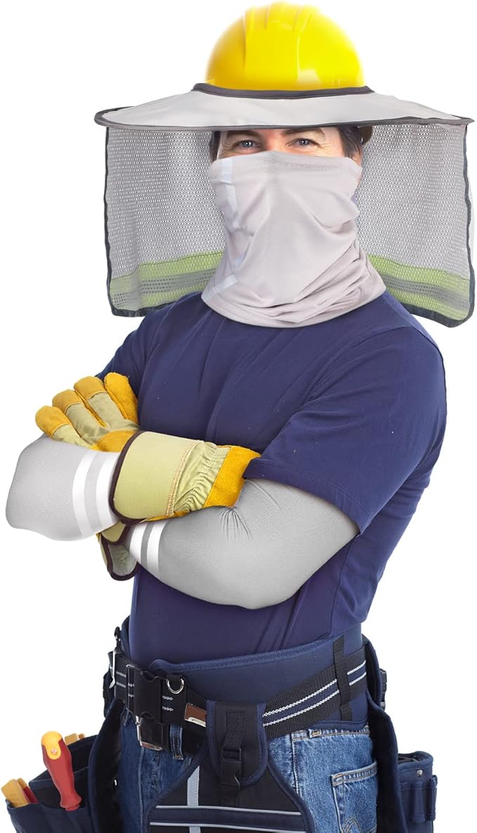SATINIOR 3 Pcs Sun Hard Hat Neck Protection High Visibility Full Brim Mesh Sun Protection Bandana Headband Arm Sleeves with Reflective Strap for Construction Helmet Hard Hat(Light Gray)