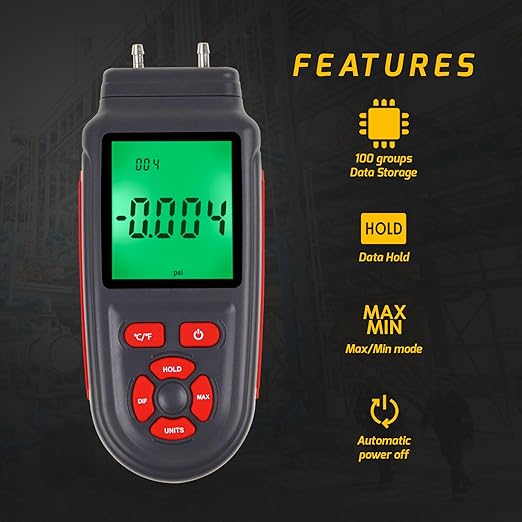 Manometer Gas Pressure Tester Gauges HVAC 12 Selectable Units Digital Differential Dual Air Pressure Meter Handheld Tester