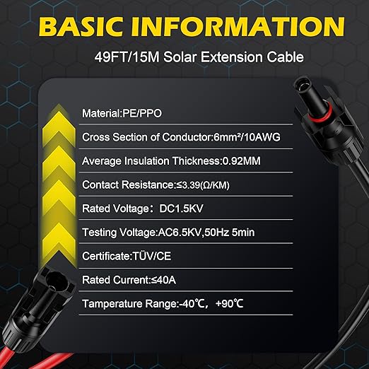 49Ft Solar Cable Solar Extension Cable,10AWG Solar Panel ExtensionCable with Female and Male Connectors,Waterproof Solar ExtensionCable Kit (Red and Black).