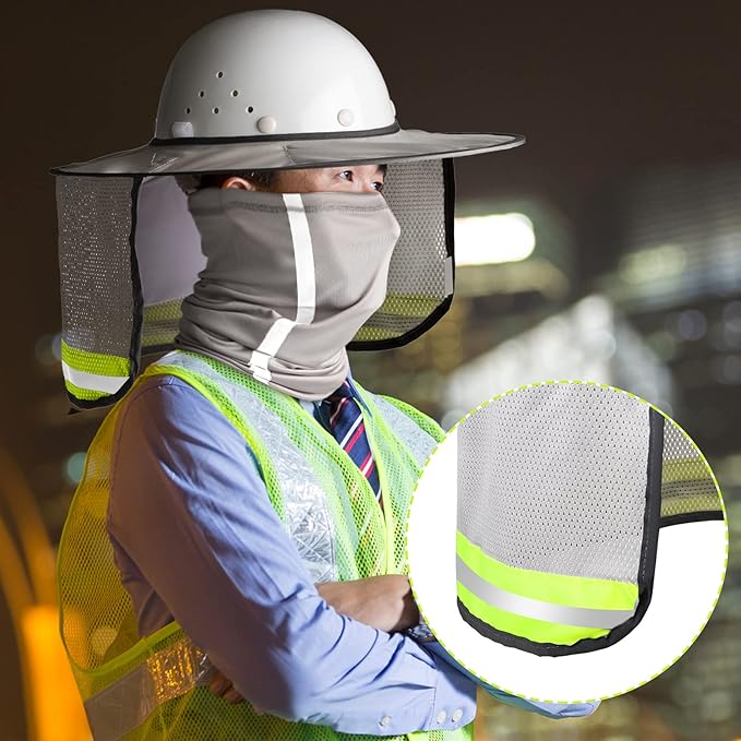 SATINIOR 2 Pcs Sun Hard Hat Neck Protection High Visibility Full Brim Mesh Sun Protection and Neck Gaiter Bandana Face Scarf for Construction Helmet Hard Hat Accessories, Reflective(Dusty Grey)
