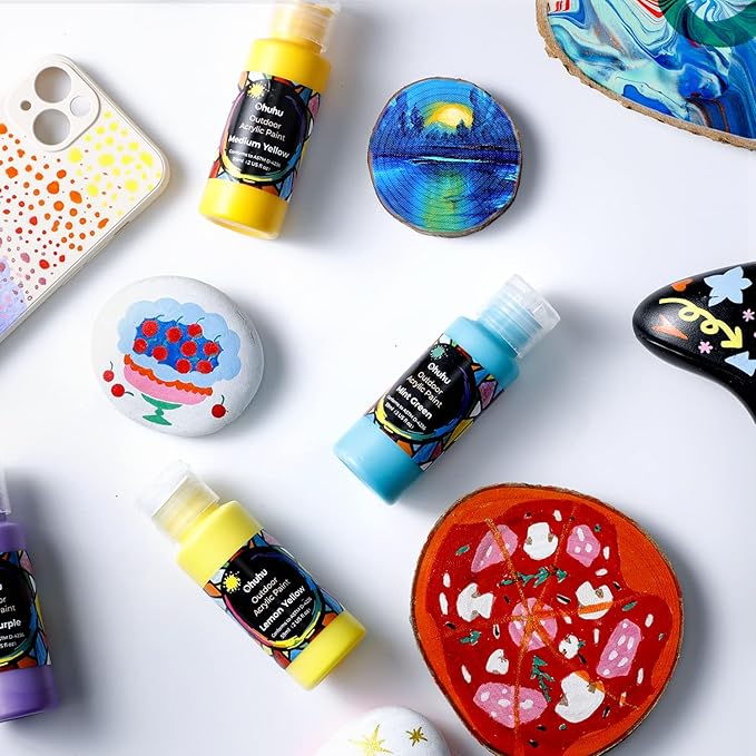 Ohuhu Outdoor Acrylic Paint for Metal, 24 Colors Paint Set, 2 oz./60ml Bottles for Artist, Beginners 18 Basic& 6 Metallic Acrylic Paints with 6 Brushes for Drawing, Waterproof Rich Pigments on Garden Statues, Woods, Rocks, Canvas, Glass, Fabrics, Last ...