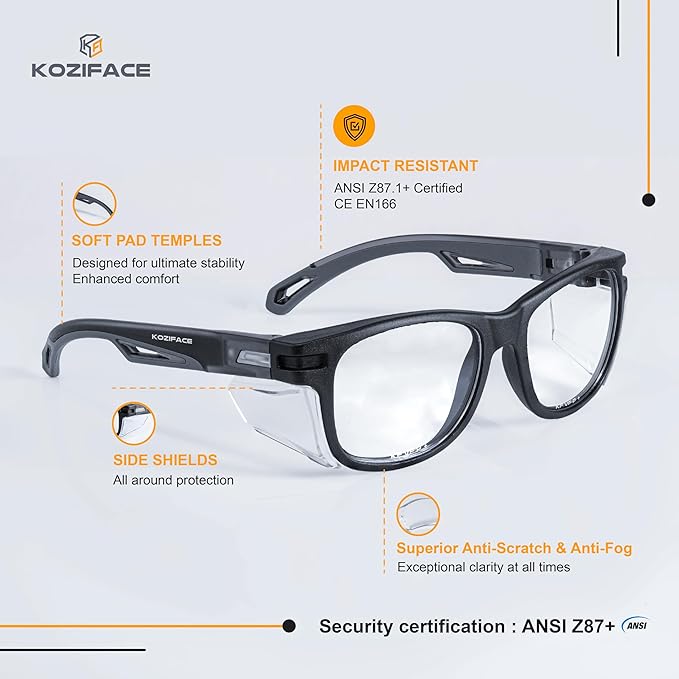KOZIFACE E52 Anti-Fog Safety Glasses, ANSI Z87.1 Eye Protection with Side Shields, Clear Lens, Lightweight for Work, Lab DIY