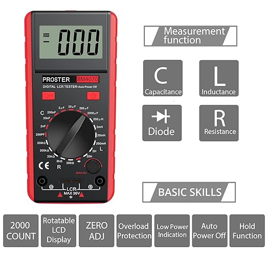 Proster LCR Meter - Capacitance Inductance Resistance Tester Multimeter Self-Discharge with Overrange Display