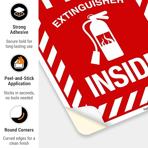Fire Extinguisher Inside Sign, Fire Safety Sign, (4 Pack) 5x7 Inches, 4 Mil Vinyl Decal Stickers Weather Resistant UV Protected, Made in USA by Sigo Signs