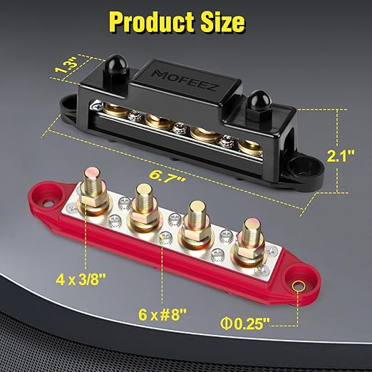 MOFEEZ Power Distribution Block Bus Bar, 4 x 3/8" Posts, 6 x #8 Screws Terminals, Max 48V 250A (Pair, Red & Black)