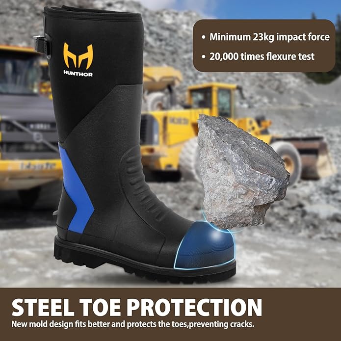 Rubber Work Boots, Puncture-Proof with Steel Toe & Shank, Lightweight Waterproof Anti Slip EVA Outsole Hunting Boots for Men, 6mm Neoprene for Construction, Manufacturing or Farming(Size 6-14)