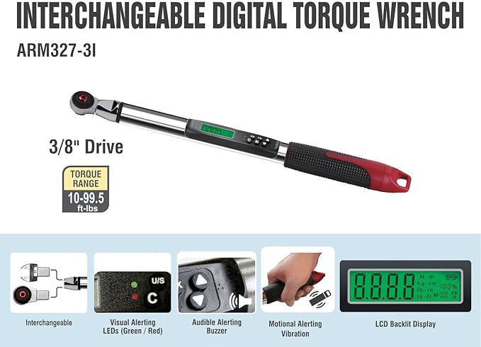 ACDelco ARM327-3i 3/8” (10 to 99.5 ft-lbs.) Heavy Duty Interchangeable Digital Torque Wrench with Buzzer and LED Flash Notification – ISO 6789 Standards with Certificate of Calibration