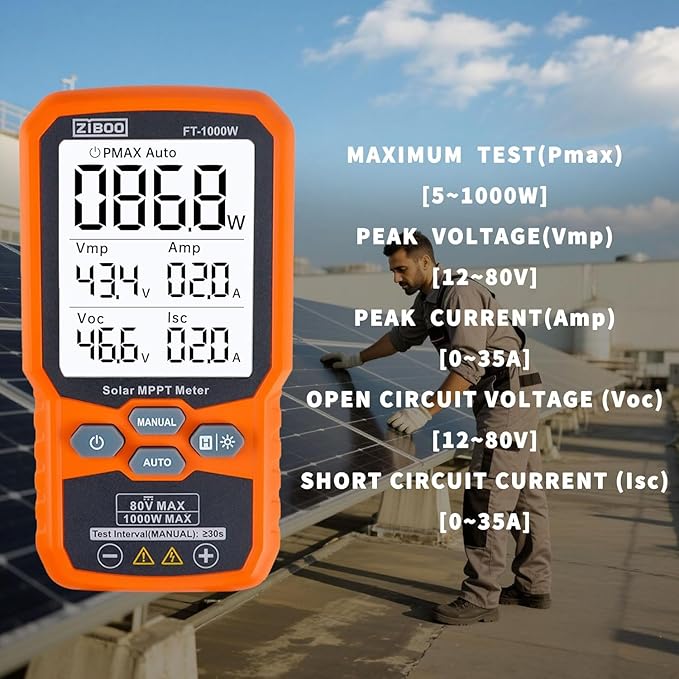 ZIBOO FT-1000W Solar Panel Tester MPPT Meter - 1000W Max Power, 80V/35A PV Module Tester for Voc/Isc, Open Circuit Voltage & Short Circuit Current, with Backlight & Data Hold