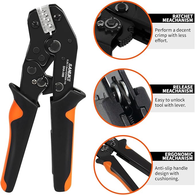 Sanuke Wire Crimping Tool, Ratcheting Wire Crimper for Open Barrel Terminal Connectors, Electrical Crimping Tool for DuPont AMP Deutsch DELPHI JST TYCO Connectors, 24-14 AWG