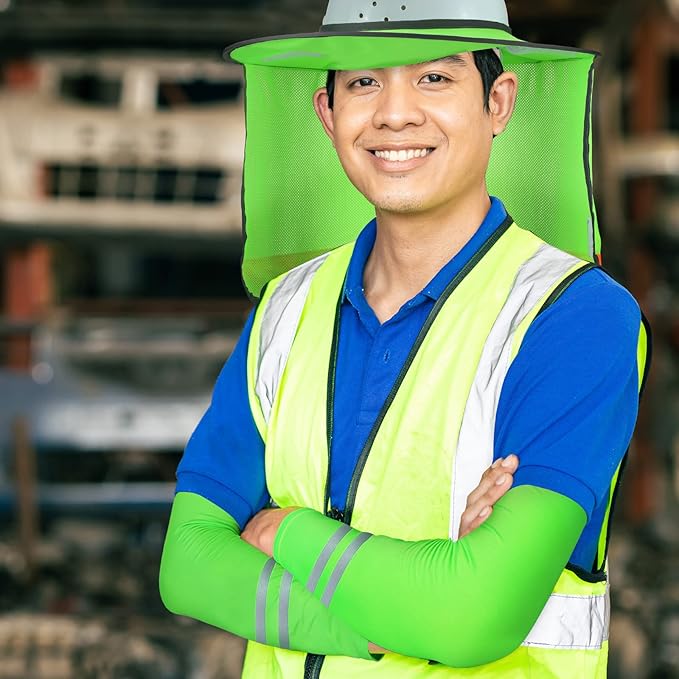 SATINIOR 3 Pcs Sun Hard Hat Neck Protection High Visibility Full Brim Mesh Sun Protection Bandana Headband Arm Sleeves with Reflective Strap for Construction Helmet Hard Hat(Neon Green)