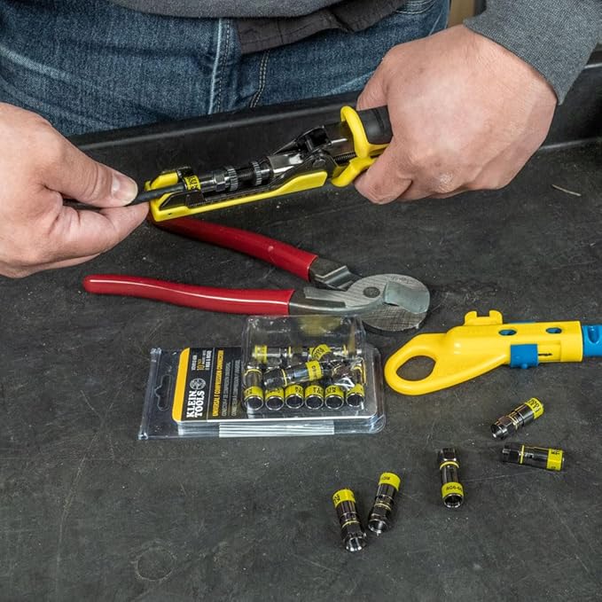 Klein Tools 80151 Coax Cable Compression Crimper and Stripper Set with 10-Pack of RG6/6Q F-Connectors for Fast and Reliable Installation, 3-Piece