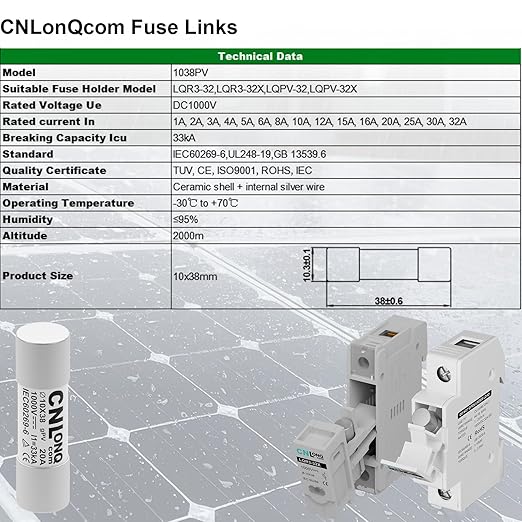 10pcs gPV Solar PV Fuse Link 20A 1000V DC 10x38mm Fuse 33kA Breaking Capacity for Solar, PV Combienr Box (20 Amp)