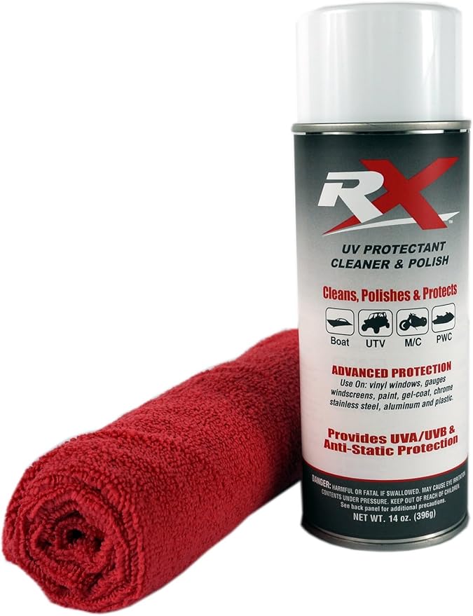 Hardline Products USA RX UV Protectant Cleaner & Polish – Advanced Marine & Powersport Detailing Spray for Vinyl, Isinglass, Plastic, & Strata Glass – 100% UVA/UVB Protection with Microfiber Towel