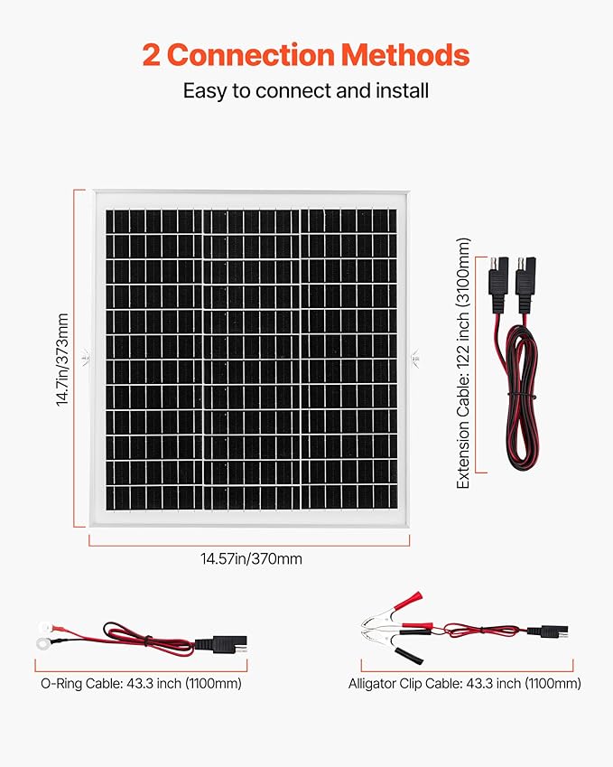 VEVOR 20W 12V Solar Panel Battery Charger, Solar Battery Trickle Charger Maintainer with Intelligent MPPT Controller & Adjustable Mount Bracket, IP67 Waterproof for Car Boat RV Motorcycle Trailer