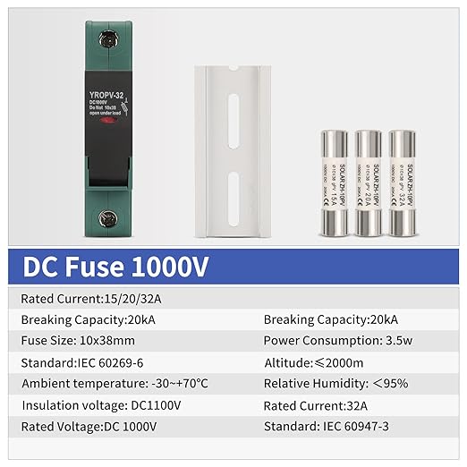 20 Amp 10×38 mm Fast Photovoltaic Fuse and Solar Fuse Holder, 20 Amp DIN Rail with Holder, PV Type Link, Single Pole, for PV Solar Power Systems