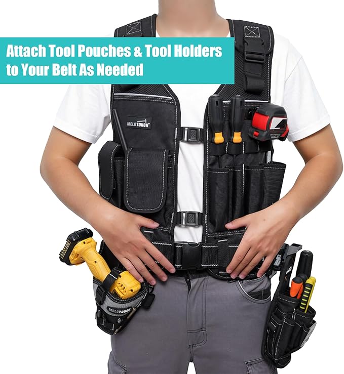 MELOTOUGH Tool Vest for Men with Pouches and Belt, Adjustable Multi-Pocket Safety Tool Vest for Electrician, Carpenter(Black)