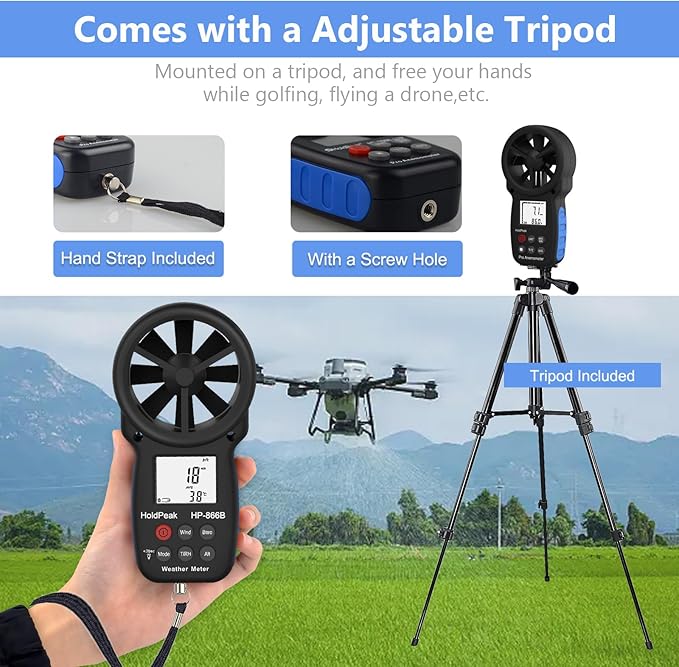 HoldPeak Handheld Anemometer Bluetooth with Tripod, Digital Wind Speed Gauge Meter, Air Flow Velocity Temperature CFM Measuring Device for HVAC Outdoor Sailing Shooting Golf, 866B-APP
