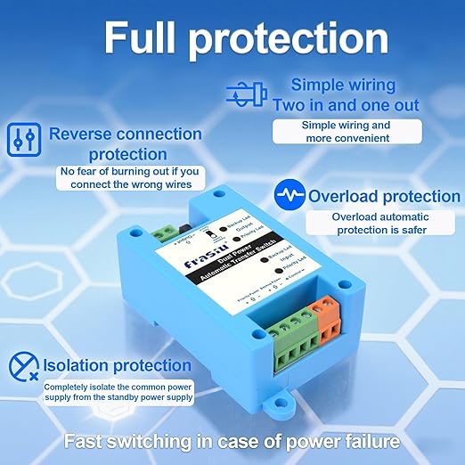DC Automatic Transfer Switch 5-60V 5A, Dual Power Backup Selector, 0.007s Fast Switching, Solar/Battery/Starlink Mini/Router/CCTV DC ATS with Reverse & Overload Protection