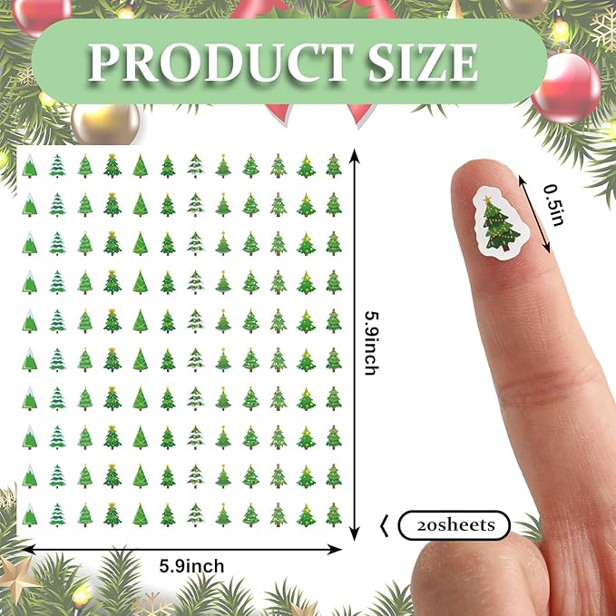 JarThenaAMCS 2400Pcs Mini Christmas Tree Sticker Green Paper Decal 12 Cute Designs Adhesive Sticker for Xmas Winter Planner Envelope Scrapbook Gift DIY Supplies, 0.5 in