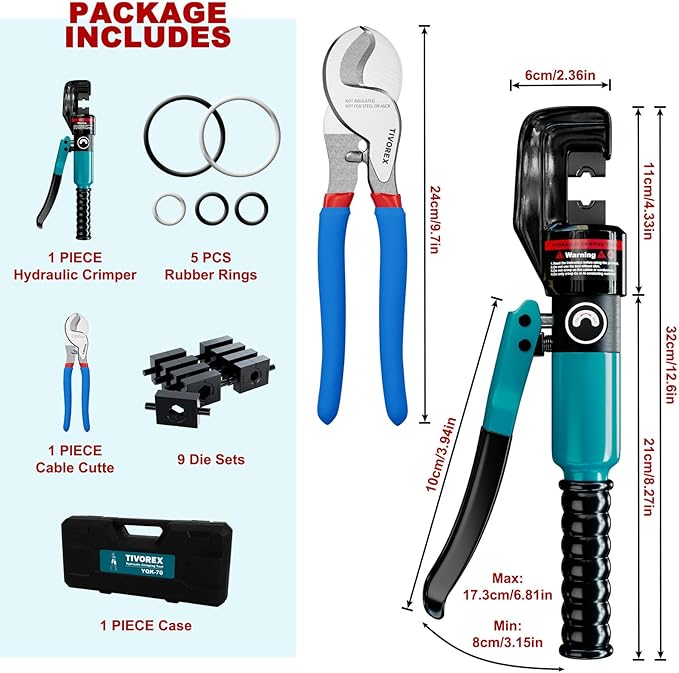 Hydraulic Crimping Tool and Cable Cutter, 12 AWG to 00 (2/0), 10 Tons Electrical Terminal Cable Wire Tool Kit with 9 Die Sets