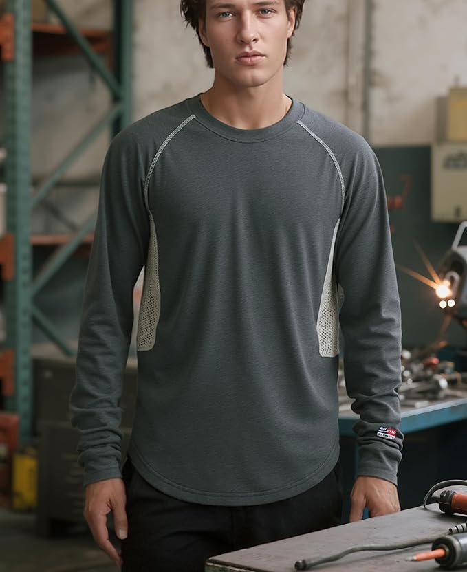 BOCOMAL FR Shirts for Summer Vented Mesh Loose Fit 4oz EX Lightweight Flame Resistant Base Layer CAT1 Crew Shirt