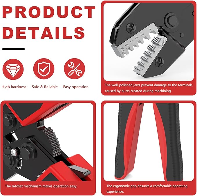 Newdeli Ferrule Crimping Tool 24-8 AWG Wire Ferrule Crimper - Ratchet Wire Crimper Tool for Ferrule Connectors Electrical Wire Terminals Ratcheting Crimping Plier Crimp Tool