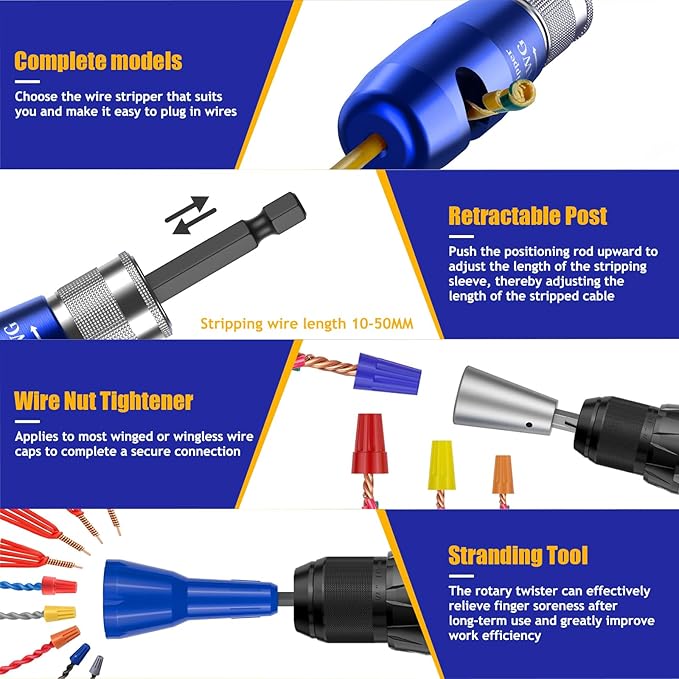 Wire Stripper Twister Tool for Drill,2026 Upgraded Wire Stripping Tool & Wire Twisting Connector for Cutters 6-14 AWG,8 In 1 Professional Electrician Twister Stripping with 70 PCS Wire Nut 5 PCS Blade